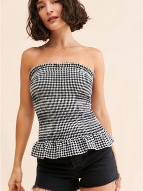 Maeve Anthropologie Gingham Savannah Smocked Strapless Top